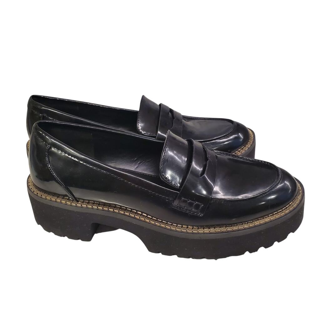 DKNY Womens Black Patent Chunky Loafers Slip On Size 9.5 Y2K 90s Goth